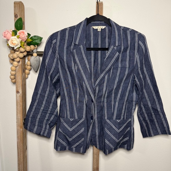 CAbi Jackets & Blazers - Cabi Womens Blazer Size 8‎ Navy White Stripe Linen Button Front Style 871